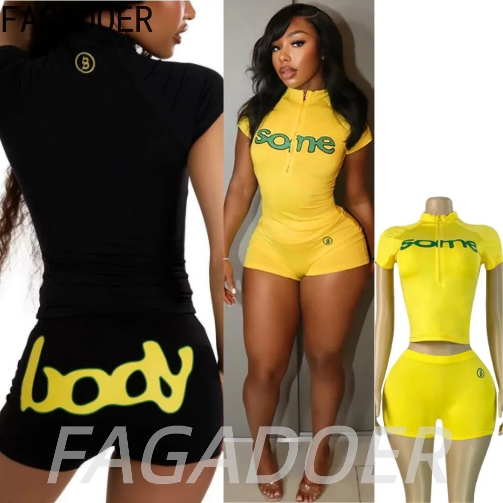 FAGADOER Conjunto de 2 piezas de moda con estampado de letras: Top corto casual con cremallera y cuello alto + Shorts ajustados, Conjuntos de ropa urbana