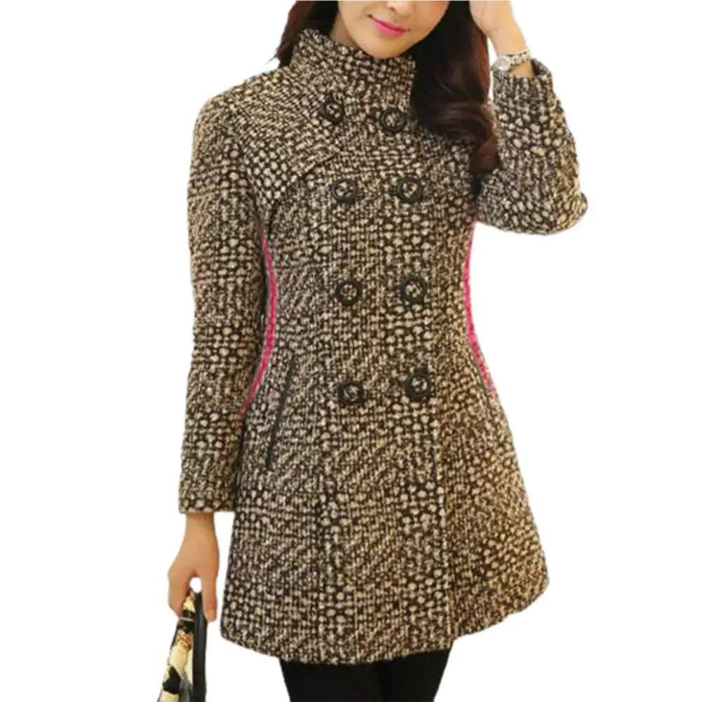 Elegant Women Winter Coat Thick Plaid Print Midi Length Jacket Double-breasted Keep Warm Buttons Thick Mother Overcoat