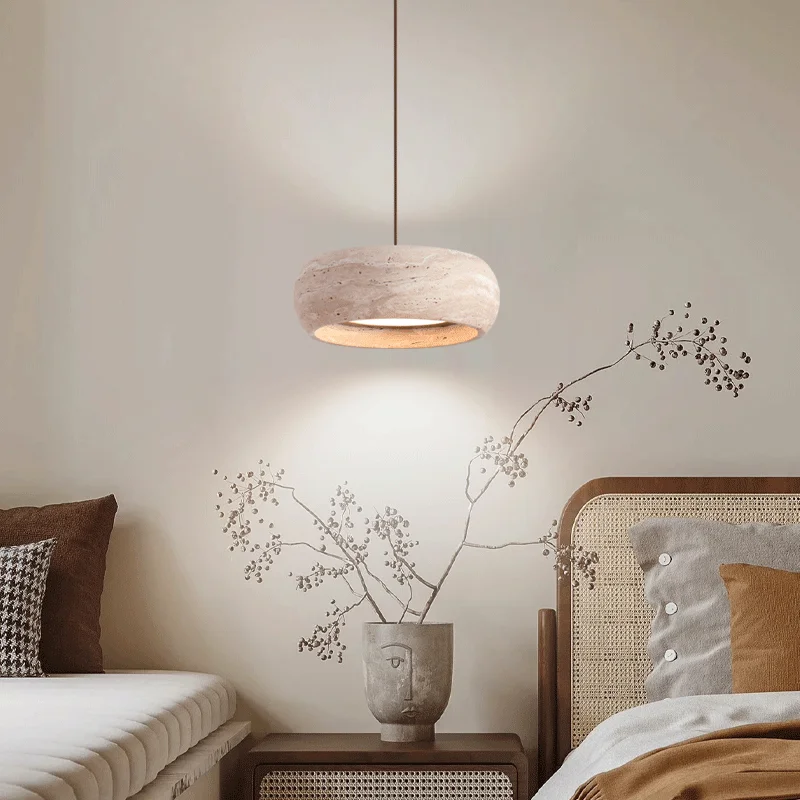 Retro Natural Stone Art Pendant Light Yellow Travertine LED Chandelier Bedroom Bedside Decoration
