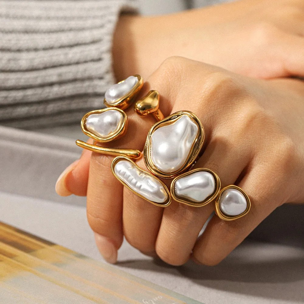 Luxury Personality Irregular Geometric Baroque Imitation Pearl Adjustable Opening Rings for Women Party Stackable Finger Jewelry