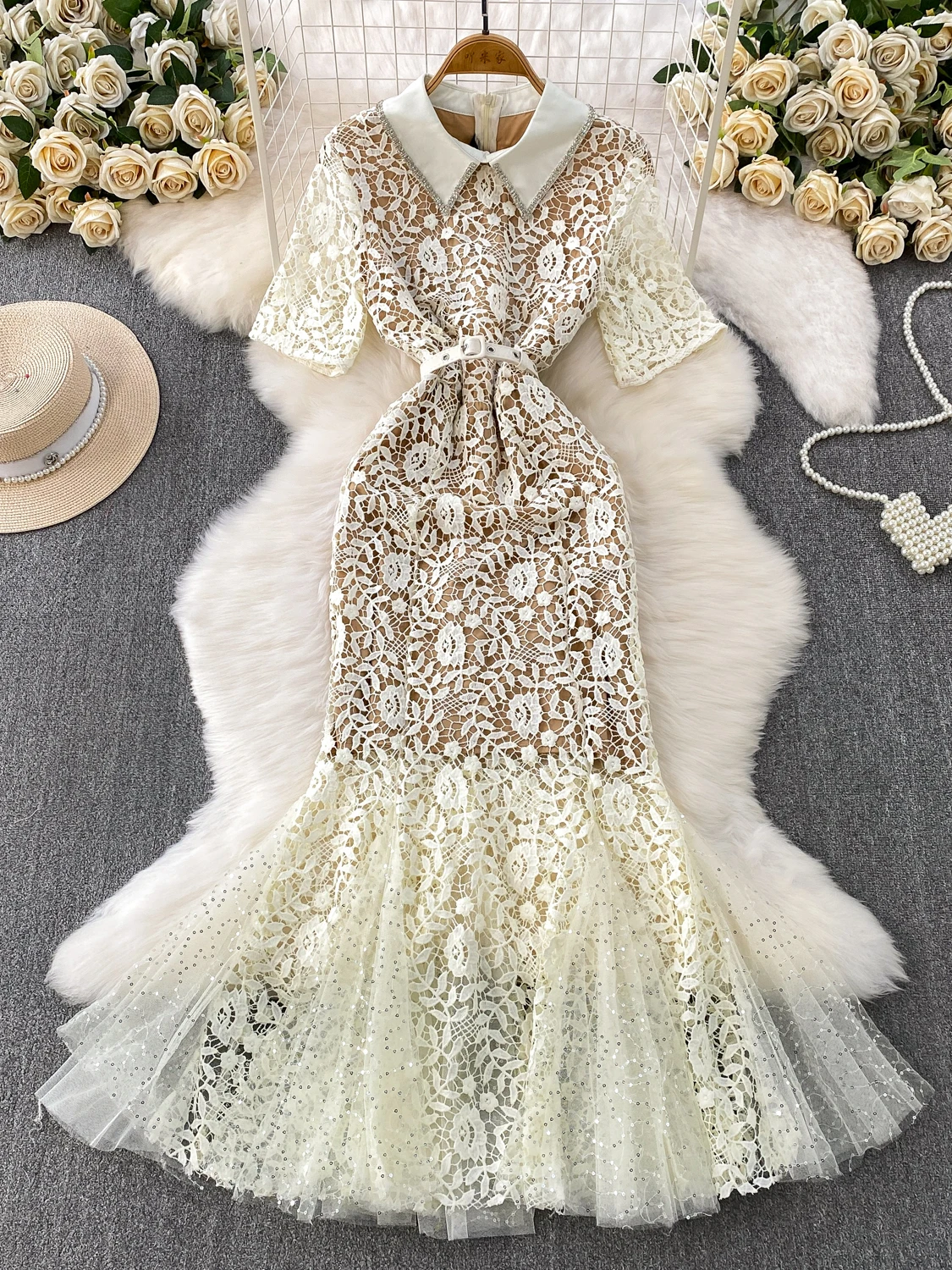 

Длинное женское платье с кружевным воротником и блестками Me Splice Fi Tail Dr French Sle Юбка трапециевидной формы с высокой талией