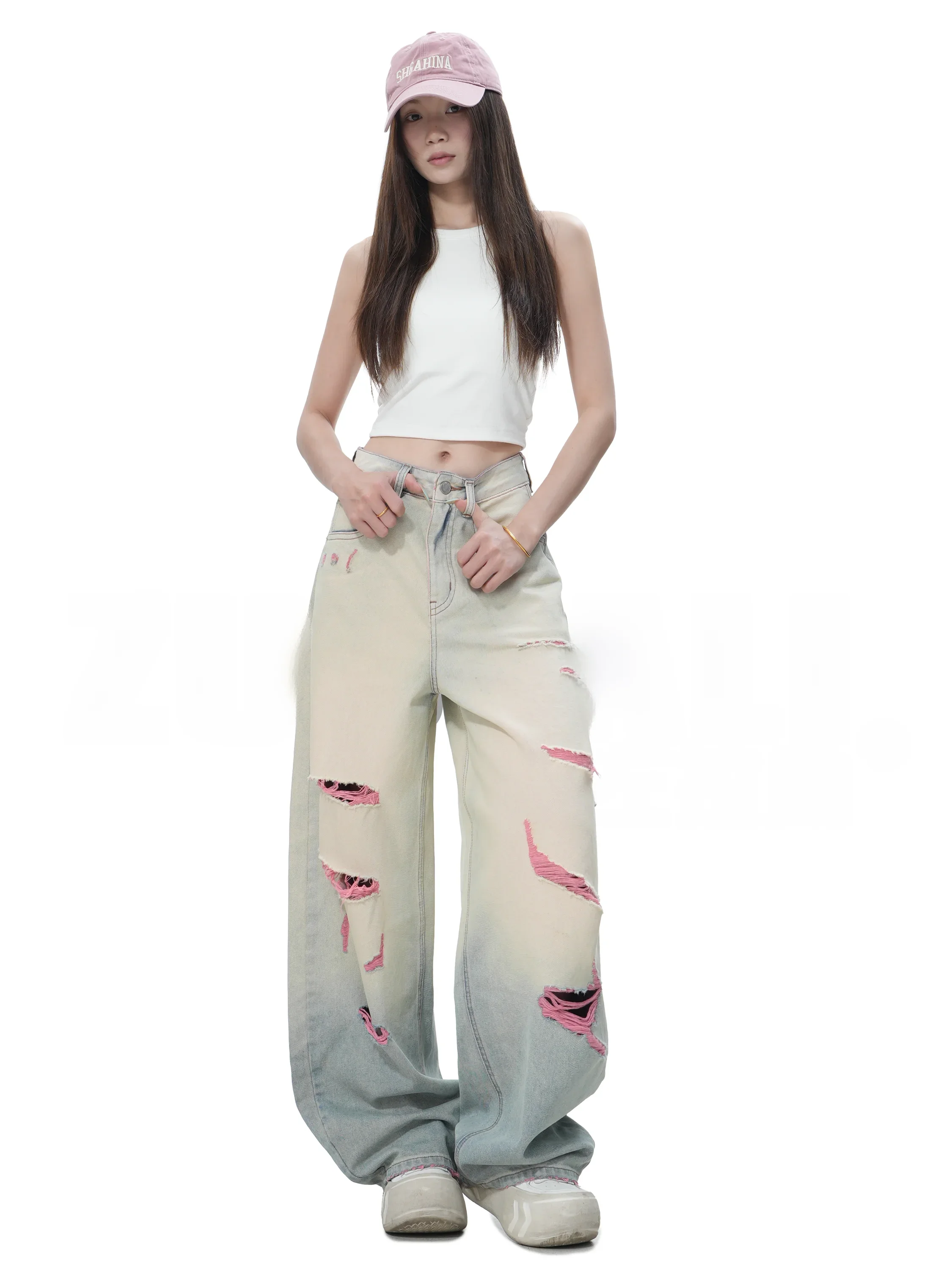 

Zuolali High Waist Hole Design Pink Denim Pants Street Trend Summer Casual Wide Leg Pants Comfortable Breathable Women's Jeans