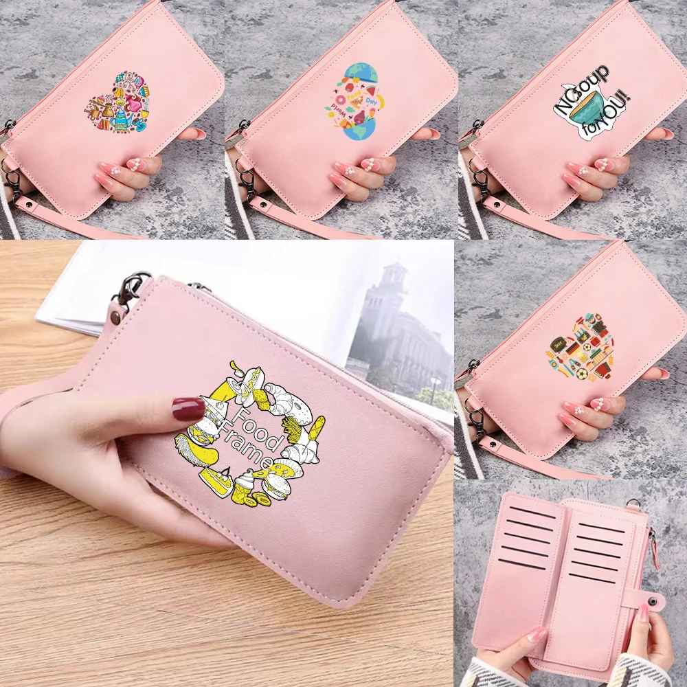 Women Long Wallets Purses for Ladies Girl Money Pocket Card Holder Phone Clutch Bag Pu Leather Handbag Food Print New Phone Bags