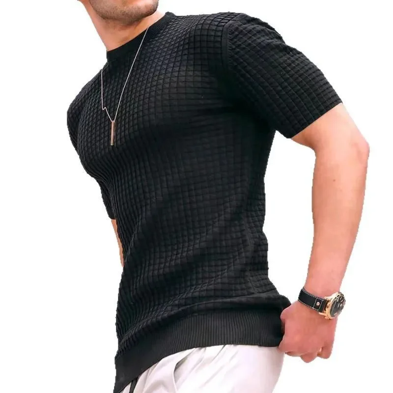New Summer Men's Small Checkered T-shirt Round Neck Casual Half-sleeved Top Men's