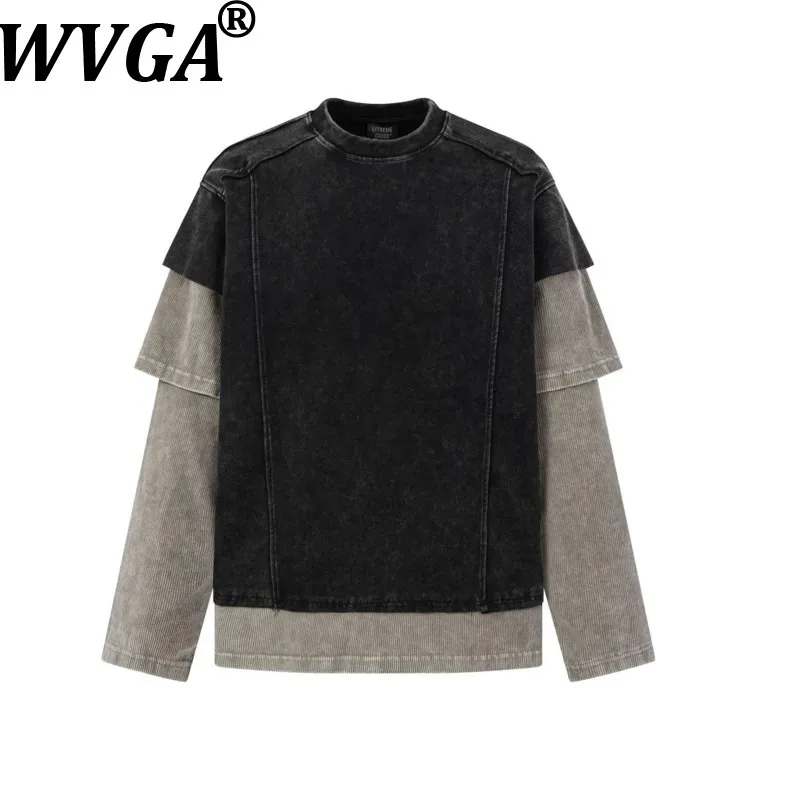 WVGA Autumn New Men American Style Washed Distressed Three-layer Fake Two-piece Long Sleeve Sweatshirt Contrast Color Top W27168