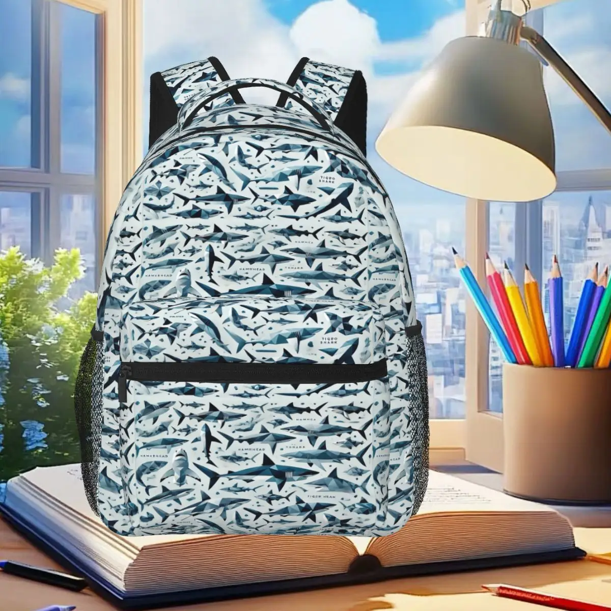 

Geometric Sharks - Futuristic Ocean Predator Student Backpack School Bag Travel Daypack for Boys Girls Bookbag Shoulder Bags