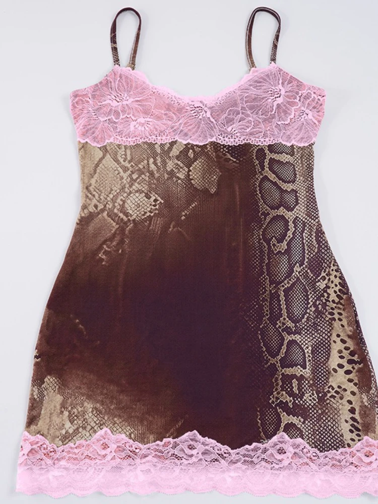 SsTss nueva moda vestido con estampado de serpiente para mujer Sexy encaje transparente Patchwork sin mangas espalda descubierta ceñido al cuerpo Mini vestido de fiesta y discoteca