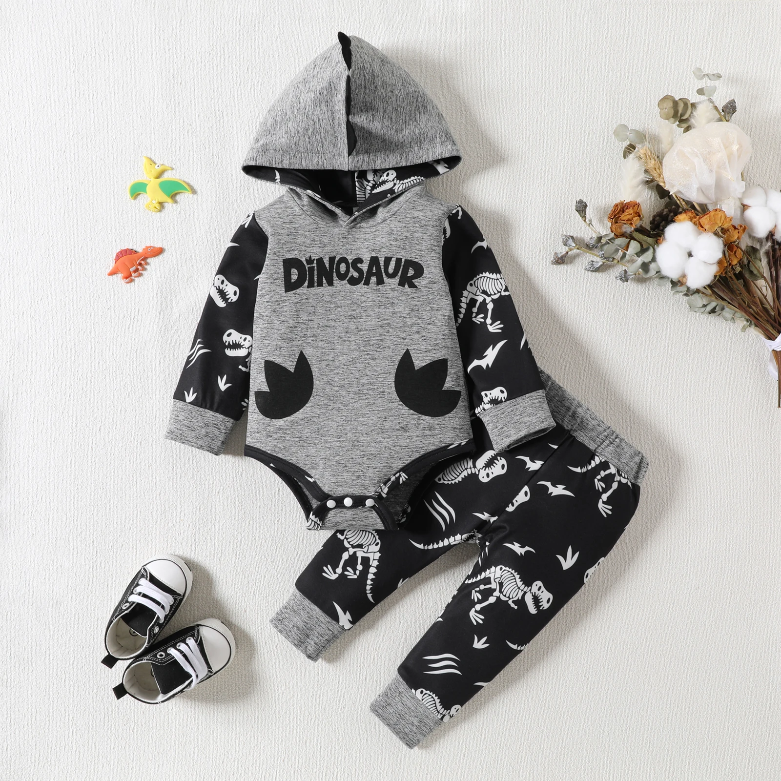 2Pcs Boys Fall Letter Print Hoodie Cute Cartoon Dinosaur Motifs Pants 0-24m Simple Dinosaur Theme Children Clothing