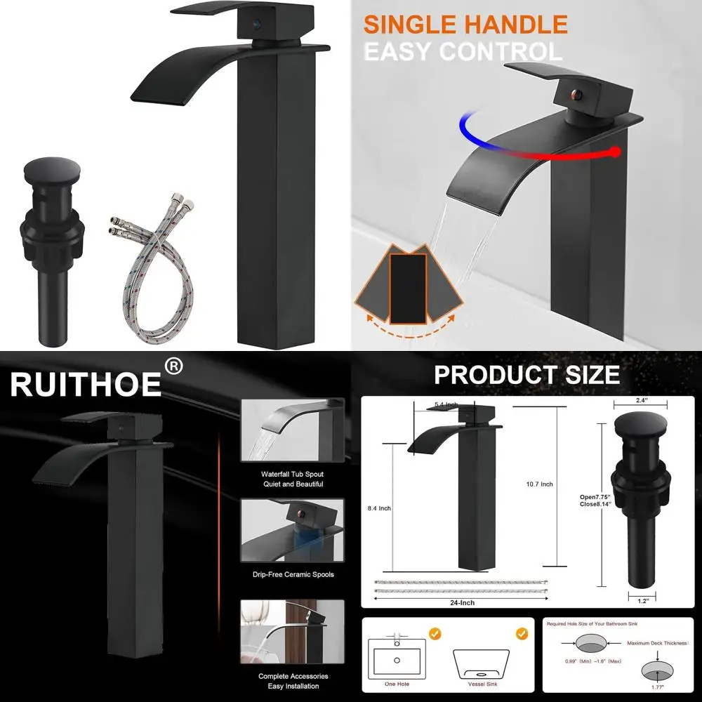 Rubinetto a cascata con montaggio su piano monocomando nero opaco con scarico pop-up per lavelli del vaso