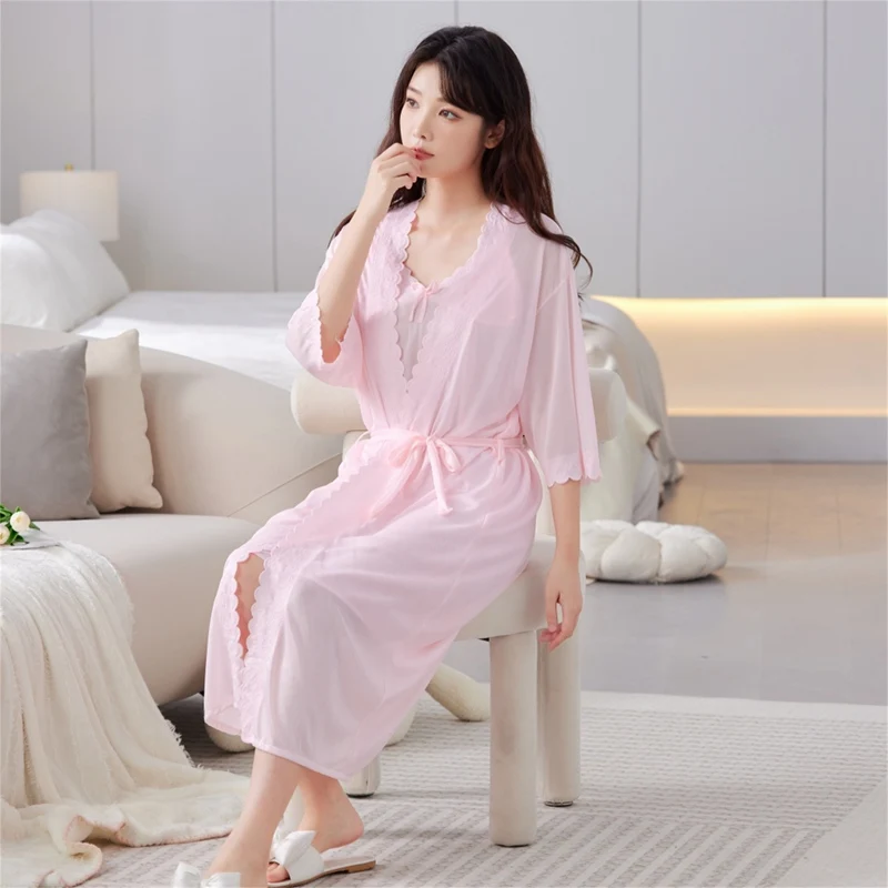 2024 Summer 2PCS Silk Satin Sexy Lace Lingerie Nightgowns Robes Sets for Women Bathrobe Sleepwear Nightdress Night Dress Nighty