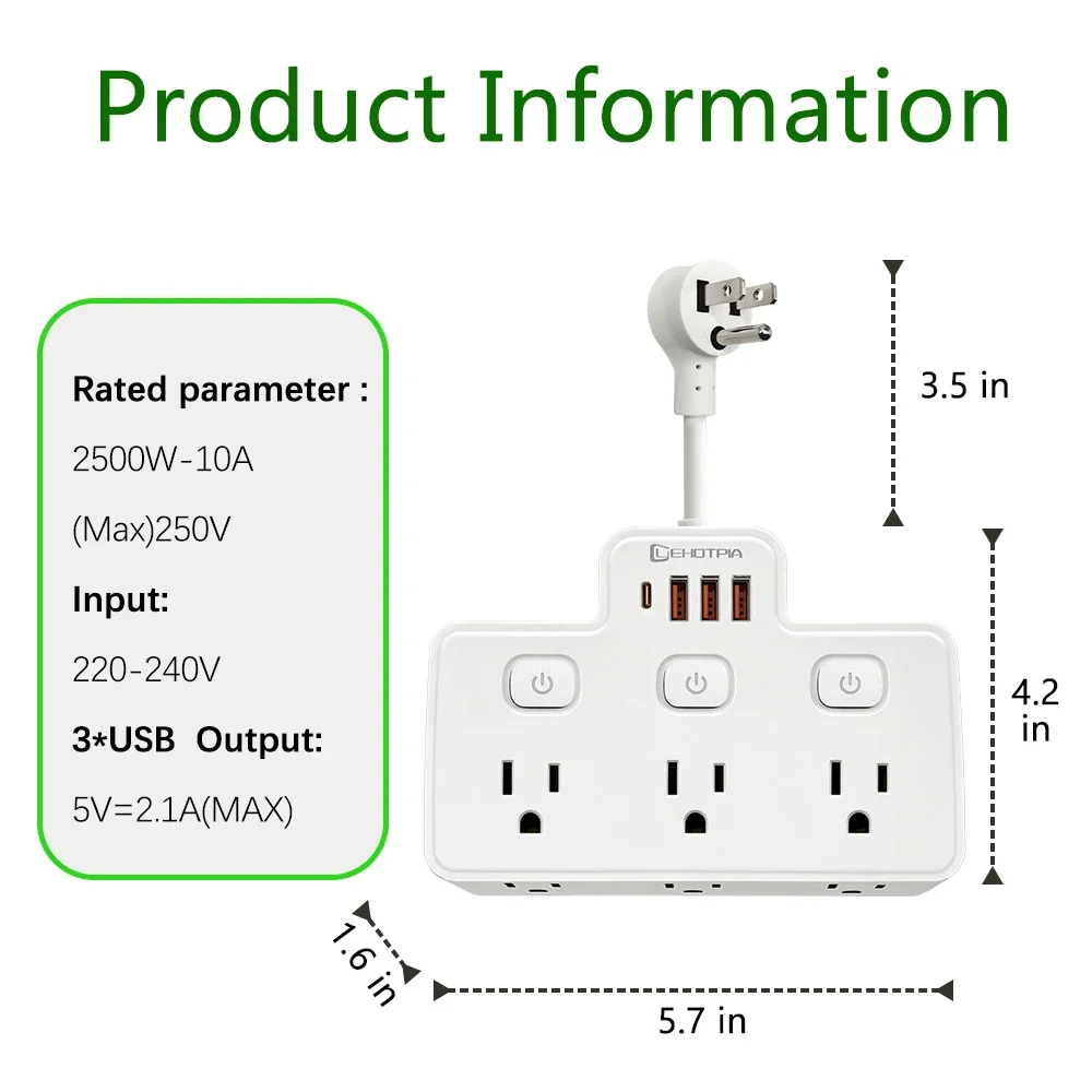 الولايات المتحدة التيار المتناوب قطاع الطاقة الحائط Multitap مفتاح مستقل مقبس الطاقة يتكيف مع منافذ USB نوع C شحن مرشح الشبكة