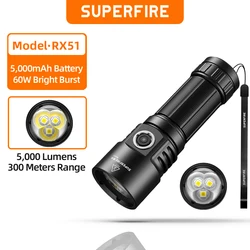 SUPERFIRE RX51 Super Bright 5000LM flashlight 60W High power led  Torch With 3 lamp beads Type-C Rechargeable Camping Flashlight