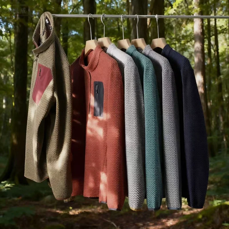 2026 Men's Outdoor Wave Pattern Color Block Half Zip Stand Collar Fleece Jacket Warm Thermal Pullover Couple Style