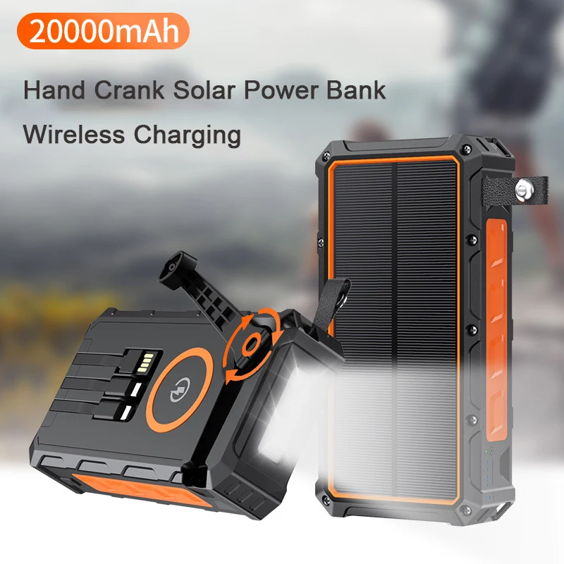 20000mAh Wireless Solar Power Bank with 3 Cable Light Hand Crank Charger Powerbank for iPhone 15 Samsung Huawei Xiaomi Poverbank