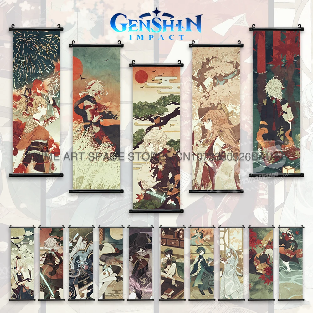 

Genshin Impact Hanging Painting Wall Art Canvas Kawaii Scroll Picture Home Decor Aether Anime Characters Poster Living Room Gift