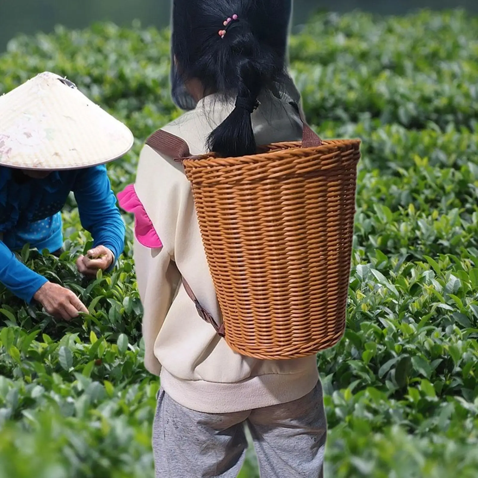Handwoven Fruit Basket with Shoulder Straps Garden PP Rustic Basket Backpack Backbasket Outdoor Backpack with Shoulder Strap