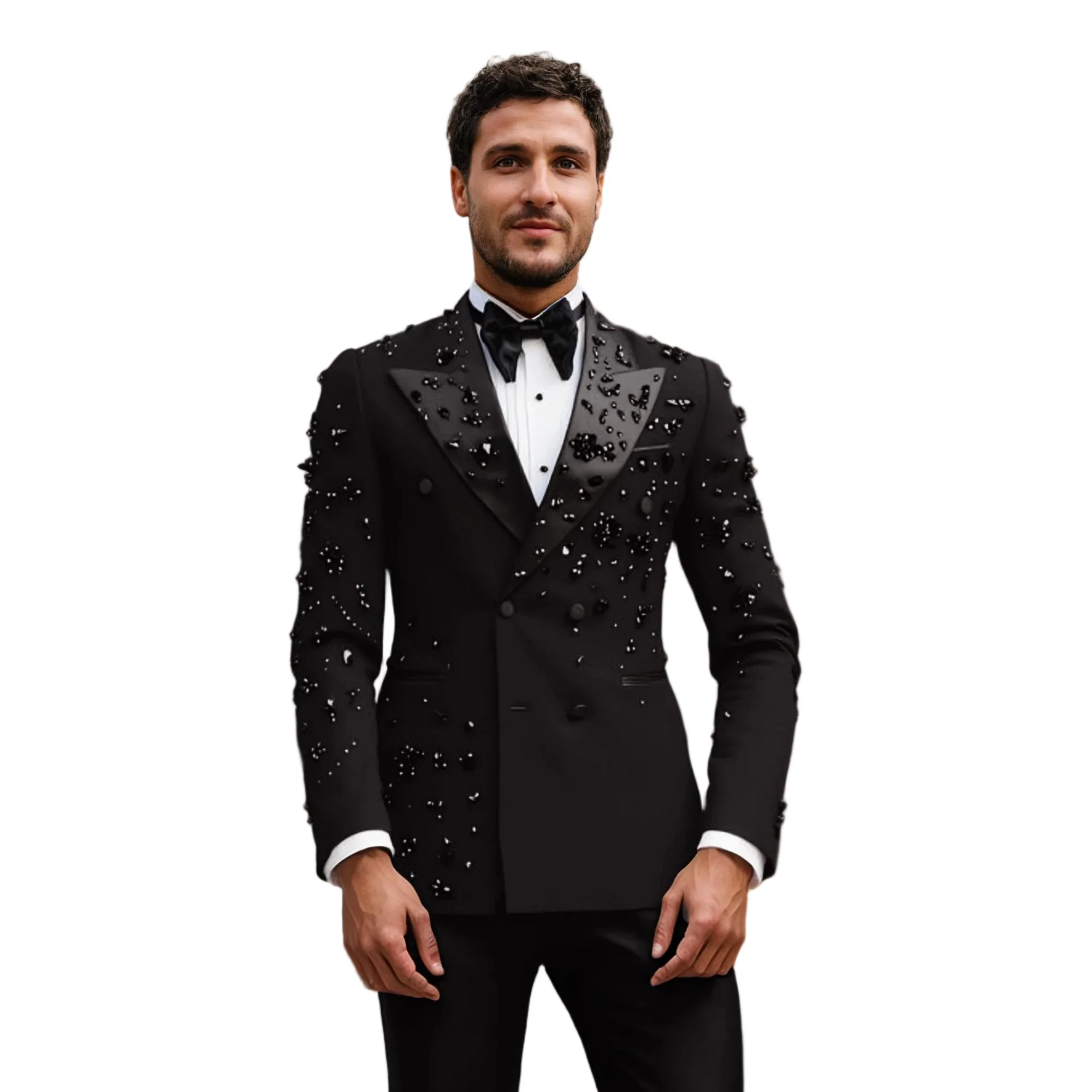 Fashion Black Men Suits Double Breasted Wedding Groom Tuxedos Beaded Crystal 2 Pieces Sets Male Prom Party Blazer ropa hombre