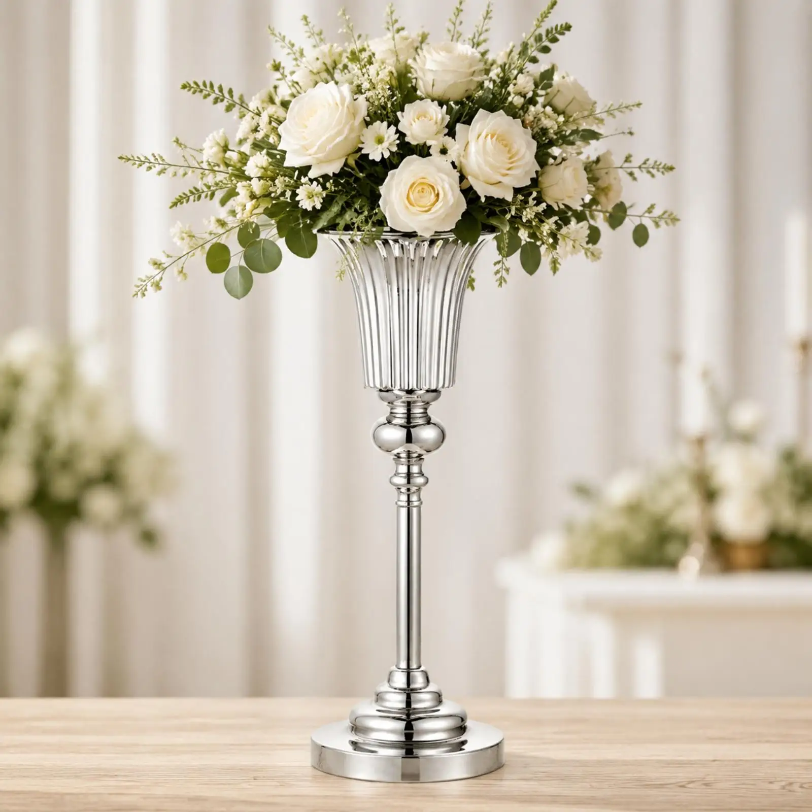 Silver Iron Flower Display Stand with Fluted Vase Top Pedestal Base for Hotel Lobby Wedding Aisle and Party Centerpiece Decor