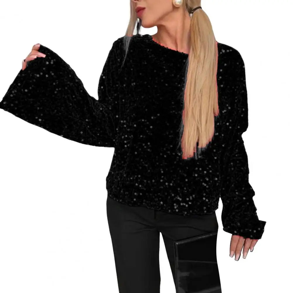 Sexy Sequined Women Blouse Top Crew Neck Long Sleeve Back Tie Sexy Tops Loose Solid Color Casual Blouse Party