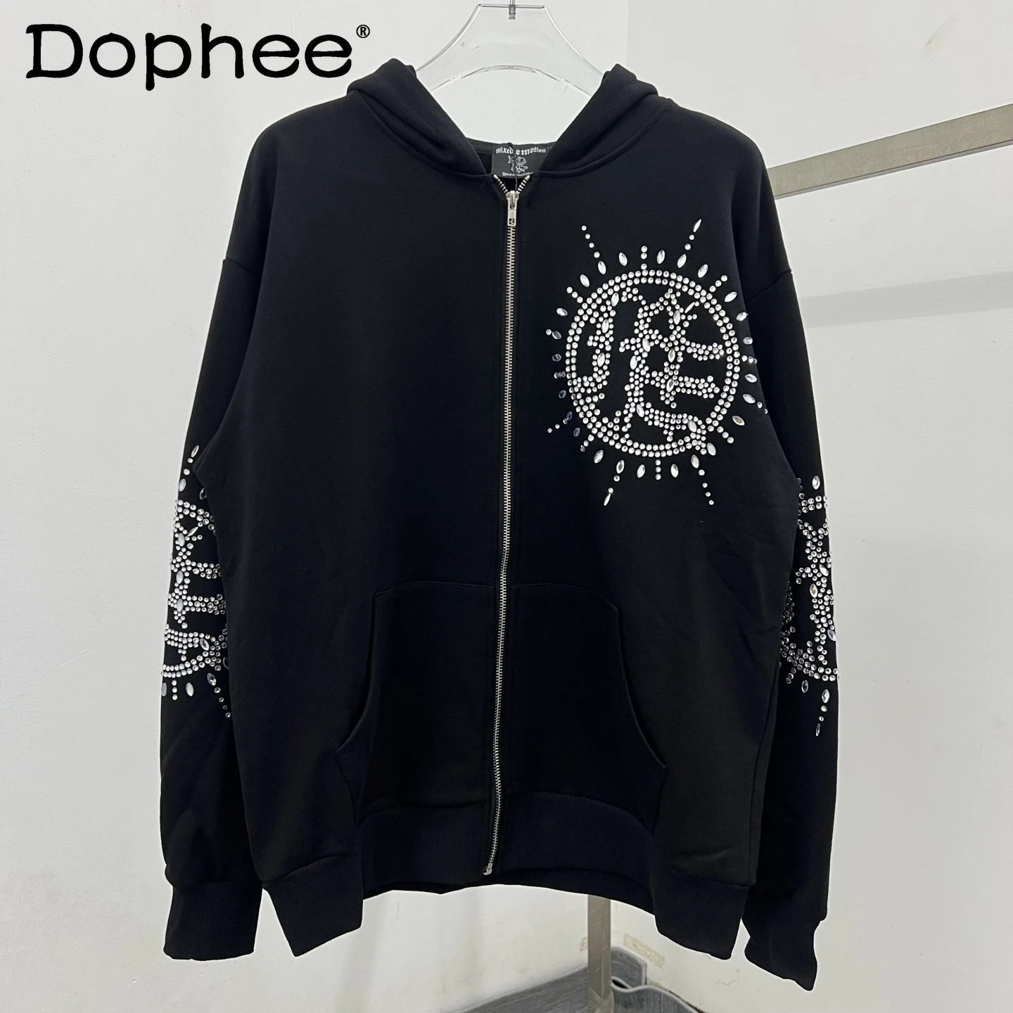 

American Retro Fashion Trend Heavy-duty Rhinestone Hooded Sweatshirt Loose Casual Stylish Cardigan Zipper Jacket for Men