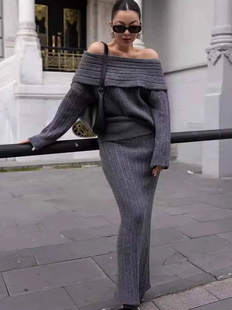 BKQU Knitted Women\'s Two Pieces Elegant Off Shoulder Sweater Pullover Slim Long Skirt Suit Autumn Winter Party Warm Lady Outfits