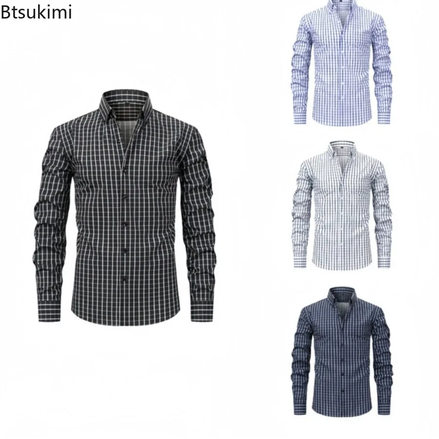 

Men's Casual Plaid Pattern Long Sleeve Shirt Stand Collar Digital Printing Advanced Sensation Fashion Four Sided Elastic Tops