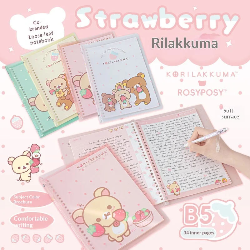 Caderno de Folhas Soltas Rosyposy Korilakkuma Strawberry B5 com Capa Mole, Diário Fofo para Estudo Diário, Escrita e Anotações