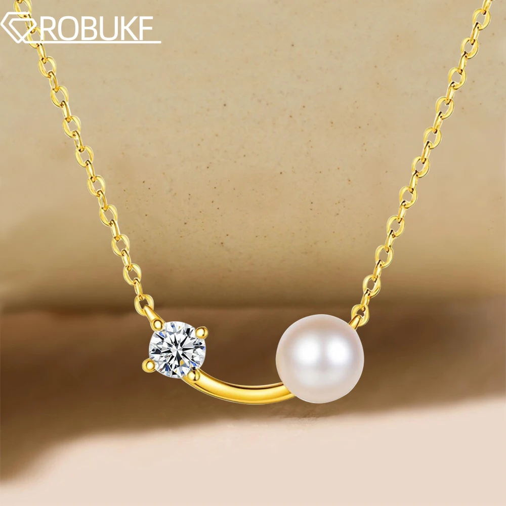 

18K Gold Plated 4mm Moissanite Necklace for Women 7mm Freshwater Pearl Pendant Necklaces S925 Silver Wedding Bridal Jewelry Gift