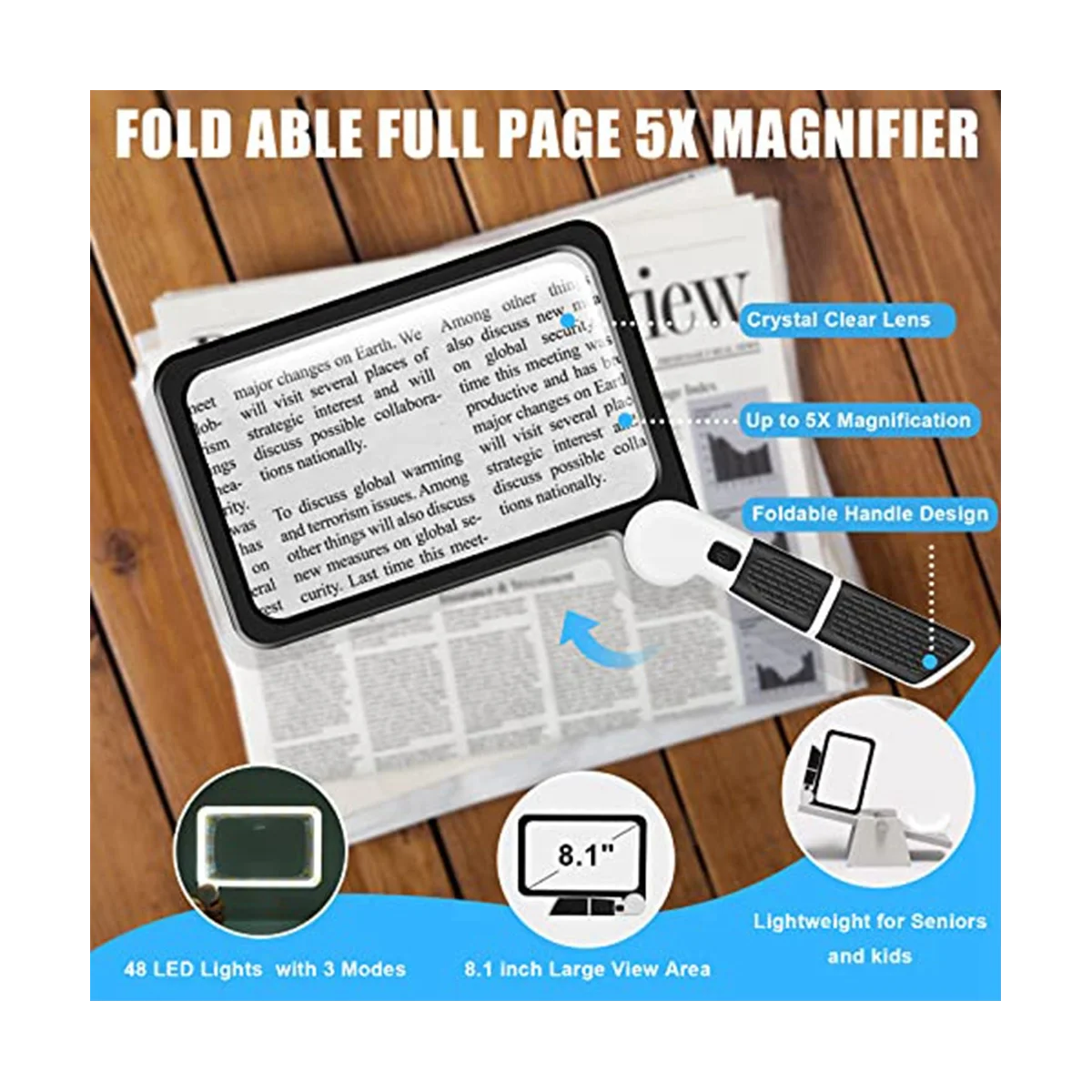 Imagem -03 - Lupa de Página Inteira para Leitura 5x Lupa Dobrável Iluminado Lupa com 48 Luzes Led Lupa Retangular de Mão