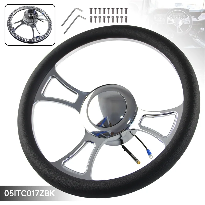 PVC Half Wrap Chrome Aluminum 14in Steering Wheel &Horn Button & 9 Hole Hub Adpter for Oldsmobile Pontiac 1969-1993