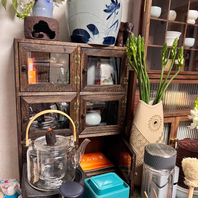 ‌Solid Wood Tea Cabinet Artisan Yixing Clay Pot Display Shelf Mini Chinese Curio Storage Organizer Porcelain Teacup Storage Rack