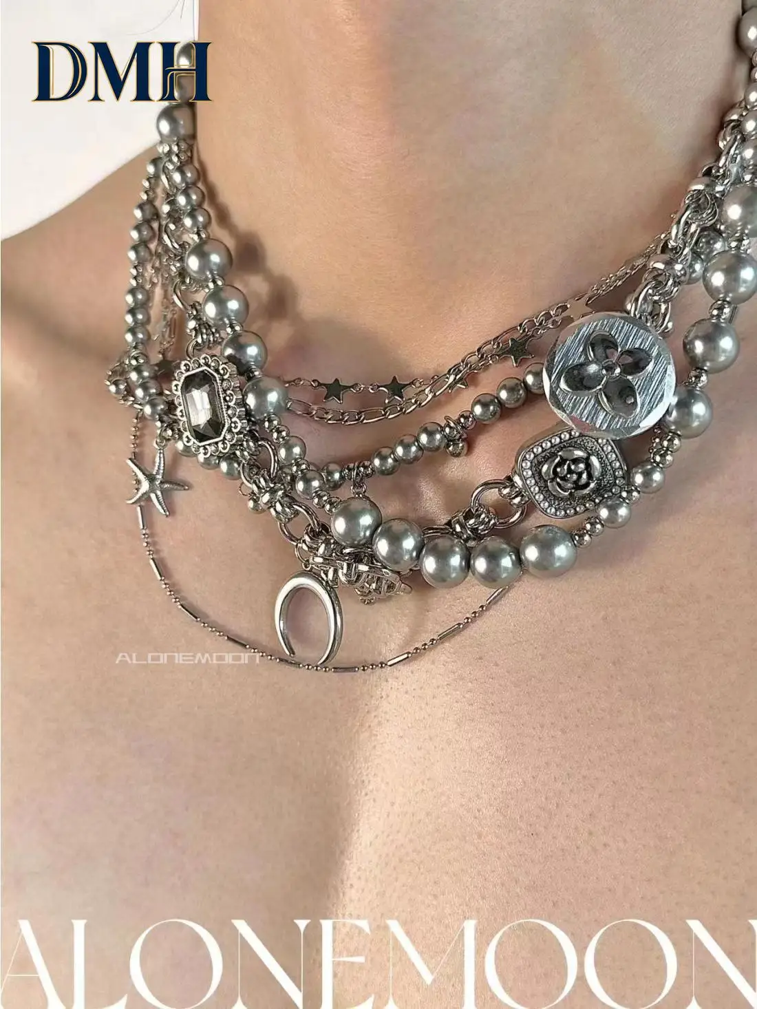 

Disordered Silver Pearl Necklace Heavy Industry Titanium Steel Choker Hip-hop Punk Jewelry