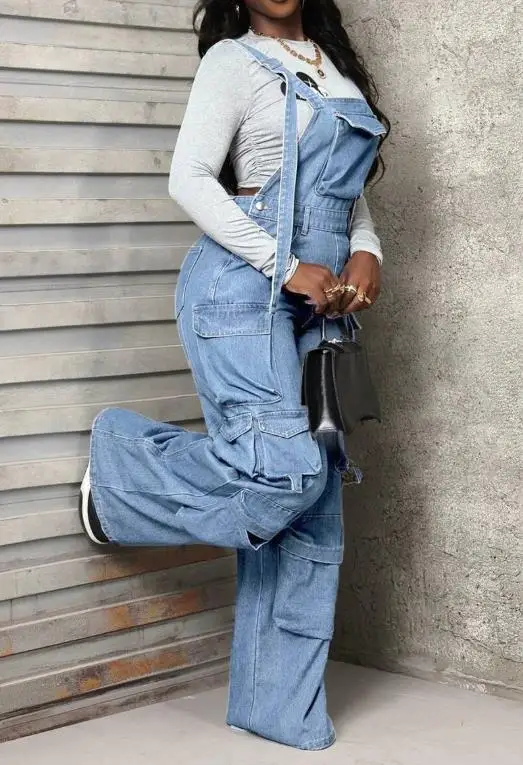 

Jumpsuit Women 2026 Spring New Versatile Pocket Design Square Neck High Waist Streetwear Cargo Wide Leg Denim Jumpsuit