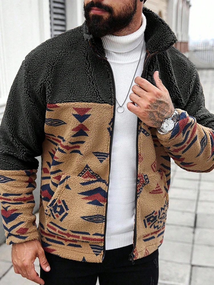 Vintage Patchwork Sweater Coats Mens Fashionable Contrast Color Stand Collar Long Sleeve Jacket Men Winter Zip-up Outerwear