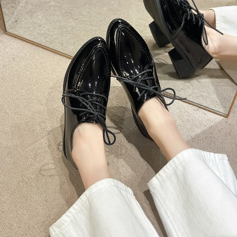 

2024 Spring and Autumn New Leather Shoes Women's Square Heel Pointed Toe Oxford Shoes Derby Casual Fashion Women's Dress Shoes