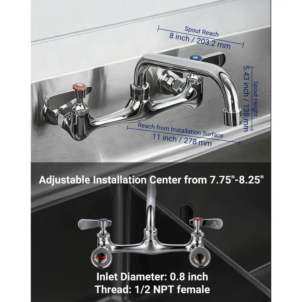 8. Настенный смеситель для коммерческой мойки с поворотным изливом, 8-расширенный, с двойной ручкой, латунный смеситель для раковины для стирки и ресторана.