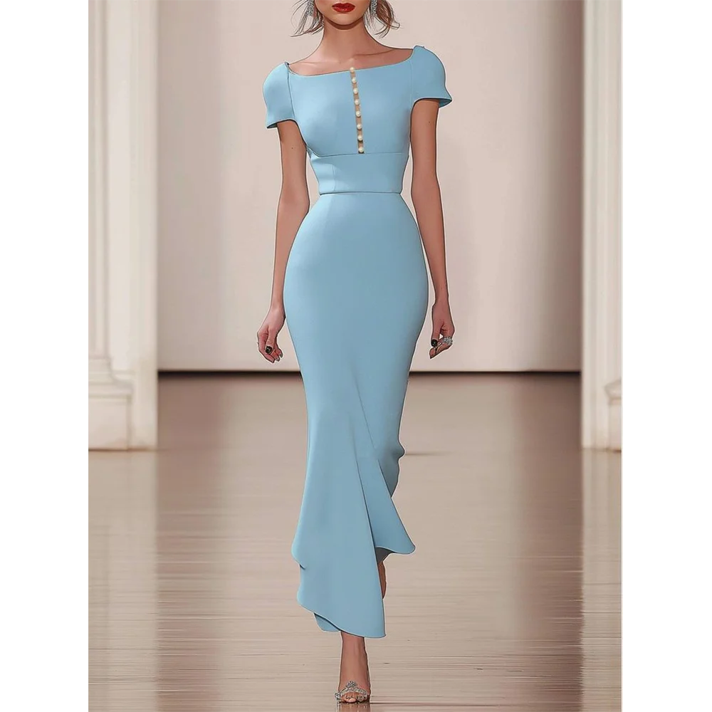 

Sky Blue Short Sleeve Square Neck Beads Decoration Mermaid Prom Gowns Gorgeous Backless Party Dresses