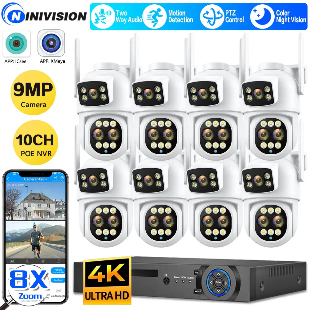 

9MP Three Lens 8X Zoom Wifi PTZ XMEYE 10CH POE NVR Surveillance System Auto Tracking CCTV Security Camera Video Surveillance Kit