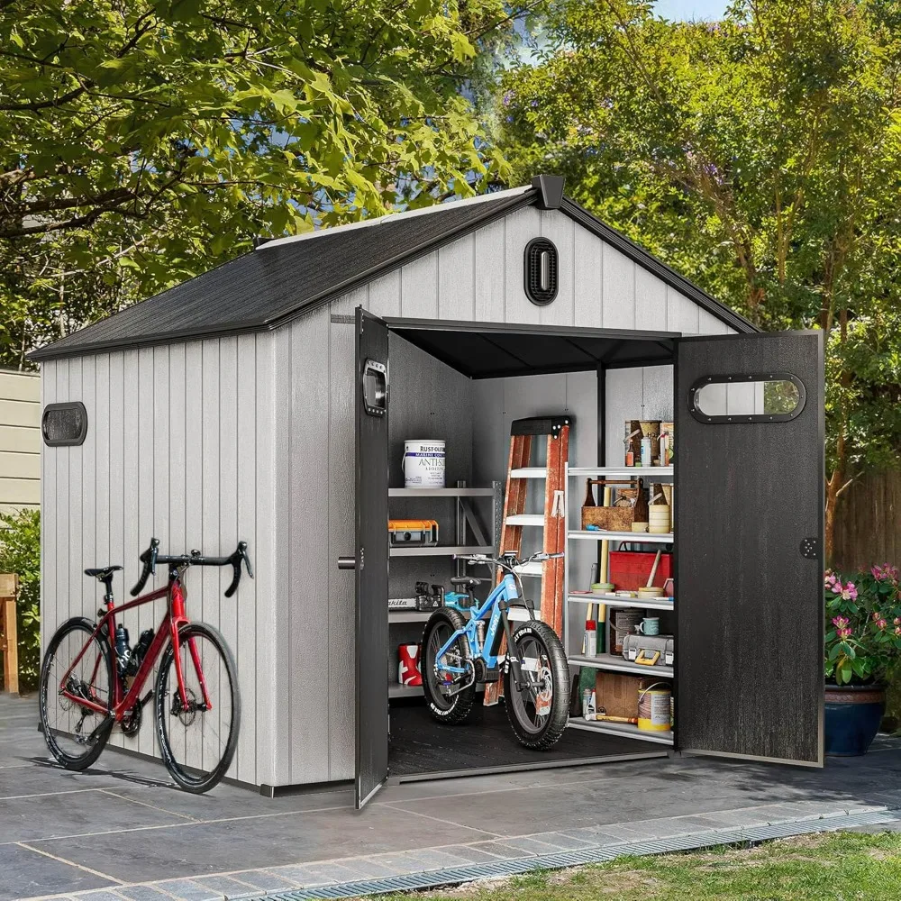 8x8ft Outdoor Plastic Storage Shed with Floor, 427 cuft Waterproof Garden Shed with Lockable Door Windows Vents Plastic  Sheds