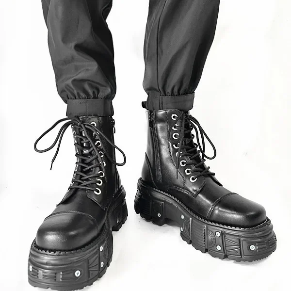 

2025 Spring Summer Autumn and Winter Retro Men's Niche Lace-up Heightening Medium Dark Punk Muffin Thick Bottom Boots