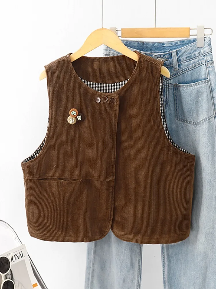 Gilet rotondo chic in velluto a coste Ne Capispalla da donna Autunno dimagrante a righe in velluto abbottonato Faionable Commute Sle Jaet