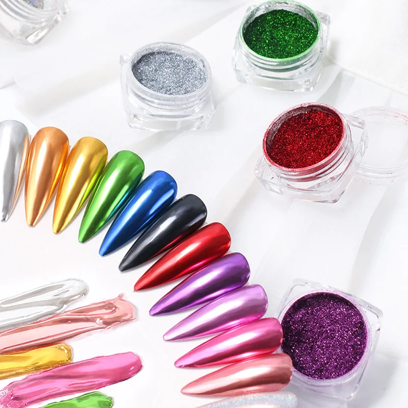 11PCS Nail Mirror Glitter Powder &1 PC Laser glitter Metallic Colorful Dust Metal Effect Nail Glitter Nail UV Gel Polish Chrome