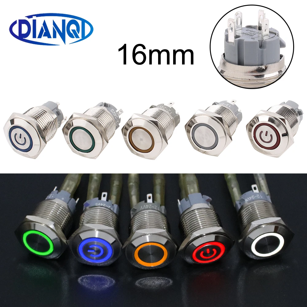 16mm Metal Push Button Switch Short Pins Locking Latching Self-reset Momentary 1NO LED Red Blue Yellow Green White 220V 12V24V6V