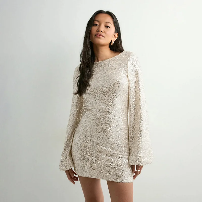 冬の新作、ランタン袖のスパンコール付きボディコンミニドレス。女性用、クラブ、パーティー、セクシーな背中見せショートドレス。