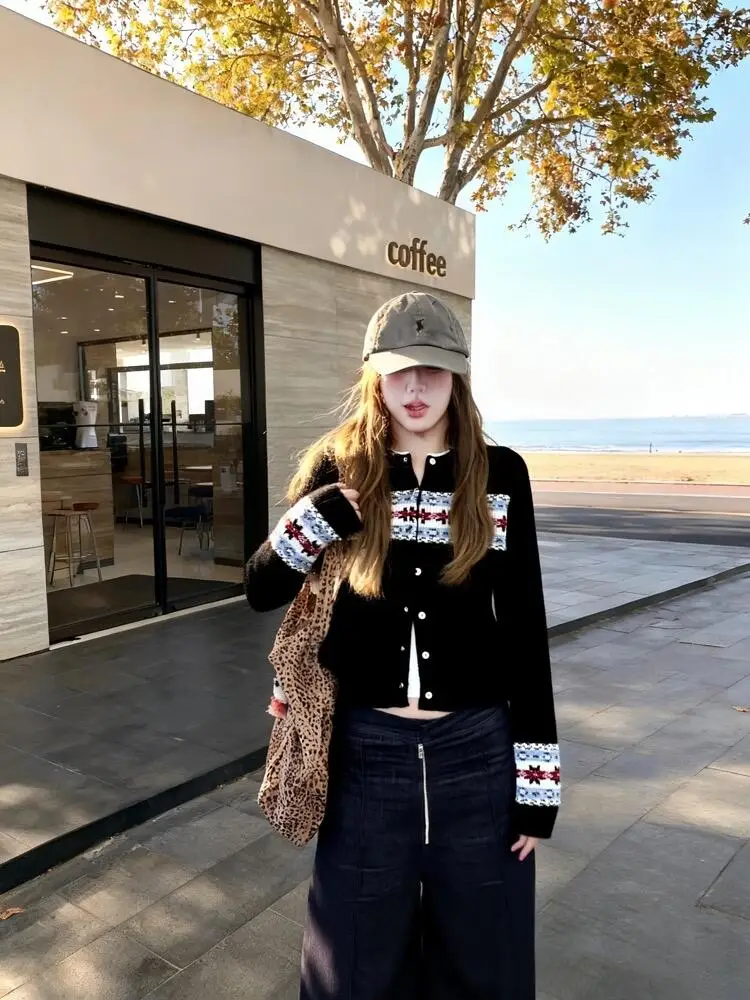 Rétro coréen Sle Fair Isle Color Blo tricoté ouvert Cardigan Long Sve rond Ne pull pour femme vêtements d'extérieur pour l'automne Wi...