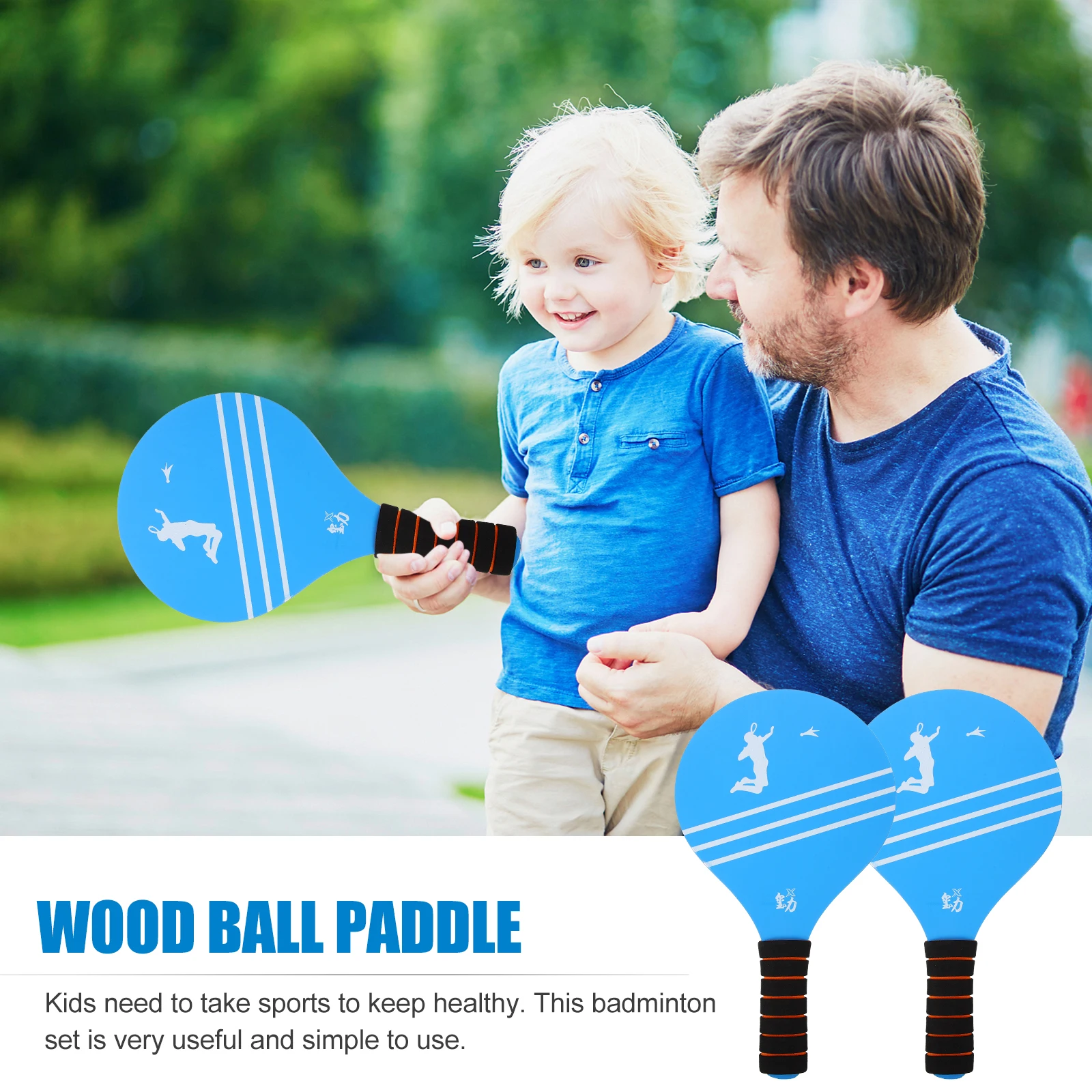 

2pcs Blue Badminton Rackets Solid Wood Paddle Durable Lightweight Kids Adult Fitness Entertainment Sports Game Set