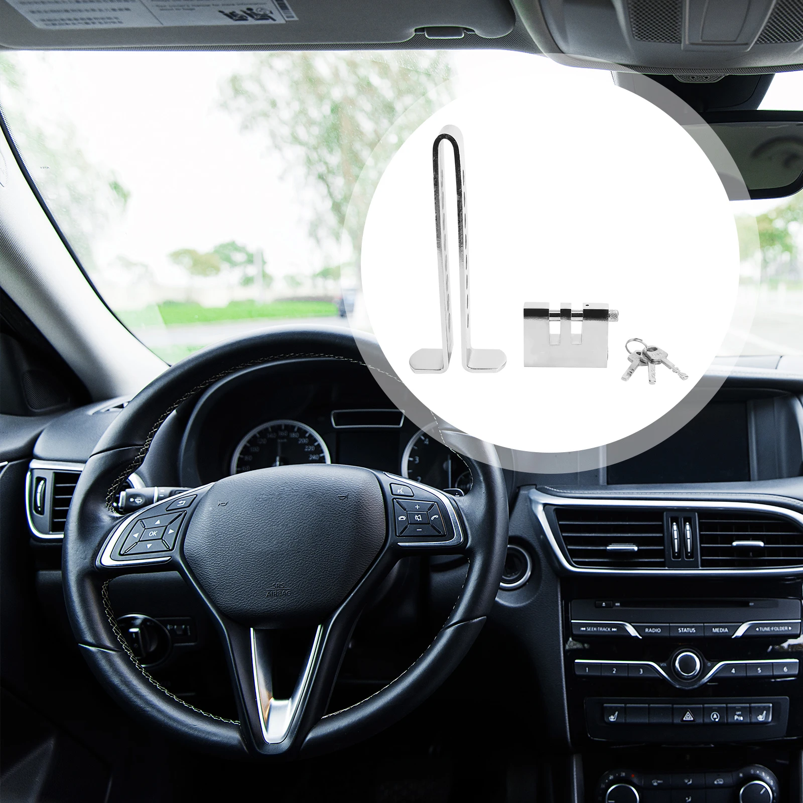 

Steering Wheel Anti Theft Lock 7 Hole Solid Steel Clutch Brake Pedal Car Truck Suv Security Device 3 Spare Keys Silver