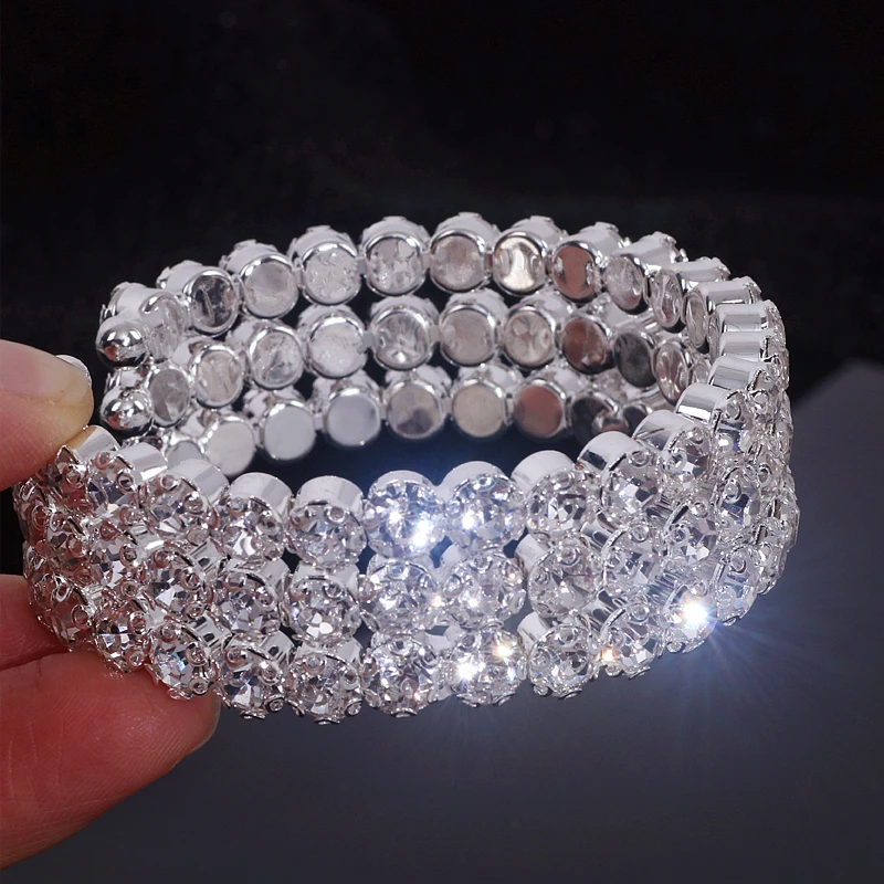 Luxury Bling Crystal Rhinestone Bracelets & Bangles for Women Silver Color Open Cuff Bracelet Elegant Bridal Wedding Jewelry