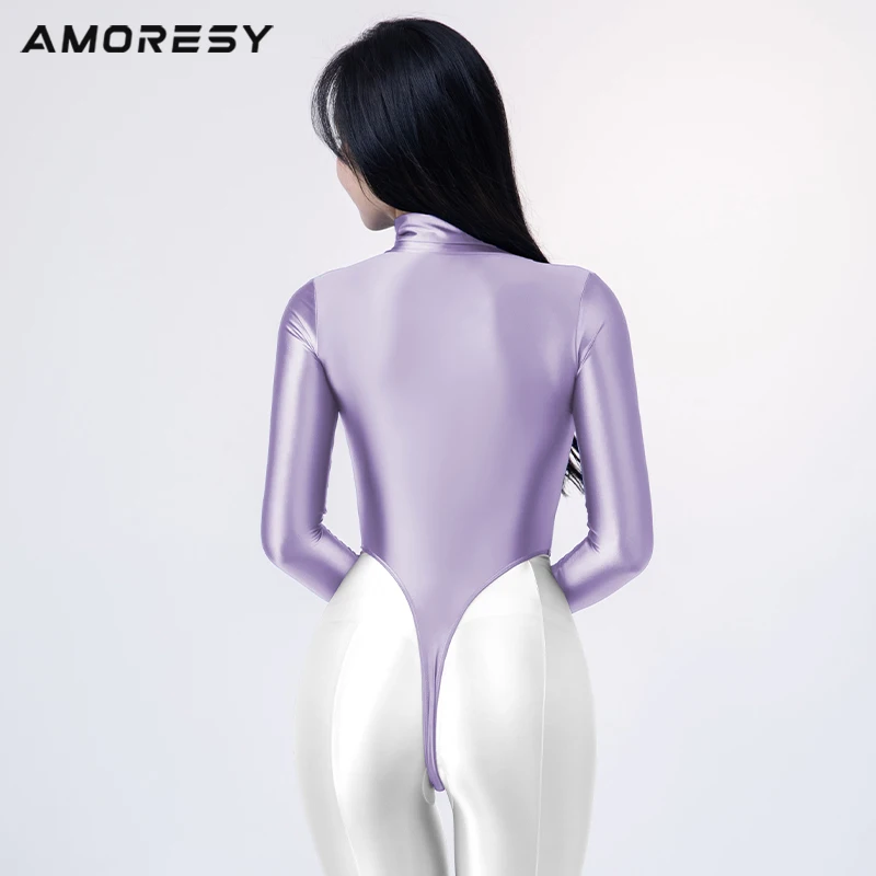 AMORESY Solara Collection Skinny Long Sleeve Solid Color Spandex Ultra High Leg Thong Swimsuit Bodysuit