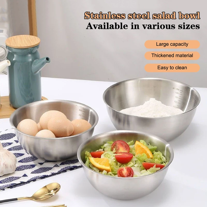 1PC Stainless Steel Bowl Set With Scale For Cooking Baking Food Storage Large Capacity Mixing Bowls For Home Kitchen Essentials